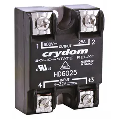 Panel-mounted solid state relay with SCR output for AC loads. Form A (SPST-NO) switch configuration. Input current 12 mA. Output voltage 48 to 530 VAC, maximum output current 25 A (12 A without heat sink). Screw clamp electrical connection. Suitable for switching resistive or inductive loads in industrial heating, motor control, and lighting applications.