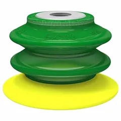 Multi-bellows vacuum pad assembly with G3/8 connection. Pad is yellow polyurethane, 30A durometer, 113.79 mm diameter, 84.07 mm height. Used for handling boxes, bags, and lightweight packaging materials on automated packaging lines.