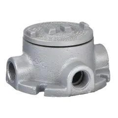 Iron conduit outlet body with triple coat epoxy coating. Threaded female hubs, flat back, flanged design, and included cover. 18 cu in body capacity. For use with threaded IMC in hazardous locations.