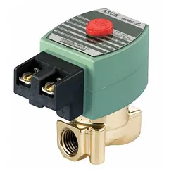 This 2-way, 2-position normally closed solenoid valve features a brass body and is designed for high-flow applications. It operates at 24V AC with a 1/4 in pipe size and includes a watertight coil enclosure. Suitable for on/off control of liquids and gases in industrial fluid systems.