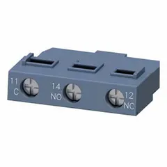Auxiliary contact block for use with SIRIUS 3RV2 motor starter protectors. Provides additional switching contacts for monitoring and control functions in industrial motor protection systems.
