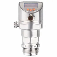 Sanitary digital pressure transmitter with 1 in BSPP fitting, constructed from 17-4PH and 316 stainless steel. Measures pressure from -1 bar to 25 mbar with ±0.2% accuracy. Features a 4-pin M12 connector, operates at 100 mA DC/2 VDC, and is rated IP67/IP68/IP69K for washdown environments. Suitable for pressure monitoring in hygienic applications.