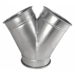 Stainless steel wye branch fitting for 16 in duct diameter with 23 1/2 in overall length and 60° branch angle. Used to split or merge airflow in industrial duct systems, such as dust collection, material handling, and ventilation applications.