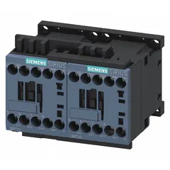 This Siemens reversing IEC contactor features 3 poles with 3 normally open contacts, rated for 9 A and a 24V AC coil. It does not include integrated surge suppression. Used for forward and reverse control of three-phase motors in applications such as conveyors, pumps, and hoists.