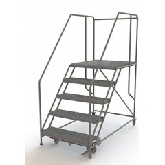 This rolling work platform provides a stable elevated surface for tasks such as maintenance, assembly, and warehousing. It features a foot-activated step lock for secure positioning and includes handrails. The steel platform measures 36 in x 35 in with a fixed height, and supports up to 800 lb.