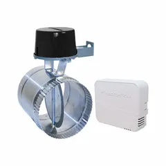 Motorized fresh air intake damper for 12-inch diameter ducts. Flat blade with rubber seal, normally closed switch action, operates on 24V AC. Maximum air velocity 1,000 fpm. Includes Fresh Command Multi-Family Control (FCMC). Dimensions: 12 1/8 in L, 16 7/8 in H, 16 7/8 in W. Crimped/slip-over single installation.