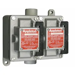 This two-gang rocker-arm tumbler switch is a 1-pole, 20 A, 277 V AC device with a feed-thru hub and 3/4 in hub size. It is used for on/off control of lighting and equipment in industrial environments where enclosed switching is required.