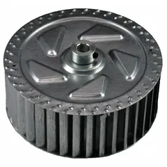 This single-inlet forward-curved blower wheel is constructed of steel with a 6 1/4 in diameter and 1/2 in bore. It is rated for a maximum speed of 1,750 RPM and includes set screws. Typical applications include HVAC systems, furnaces, air handlers, and ventilation units requiring a compact steel wheel for low to medium static pressure air movement.