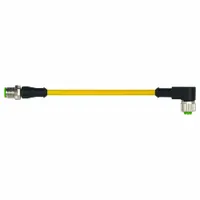 Double-ended cordset with a yellow TPE jacket for heaviest-duty applications. Features an M12 male straight connector on one end and an M12 female right-angle connector on the other. Includes 4 pins, 18 AWG/19 AWG wire, and an IP66K rating. Cable length is 2 m