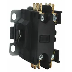 This single-phase HVACR definite purpose contactor is rated 30 A with a 120V AC coil and 1NO main pole contact form. It has a maximum voltage rating of 600V AC and features screw terminals for through-panel mounting. Typical applications include switching compressors, fan motors, and refrigeration units in commercial and industrial systems.