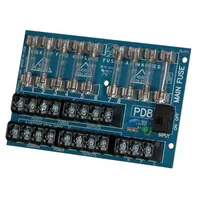 The ALTRONIX PD8 is an 8-output fused power distribution module for 28V AC/DC systems. It accepts 28V AC/DC input and distributes power to multiple circuits. Constructed from phenolic/fiberglass, it is suitable for use in security, access control, and industrial control panels