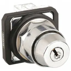 This panel-mounted key switch features a 2-position maintained/maintained action with 1NO/1NC contacts. It is designed for 30 mm panel mounting and allows key removal only in the left position, suitable for secure control in industrial machinery and access gate applications.