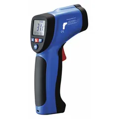 Full-size infrared thermometer with contact probe for non-contact surface temperature measurement. Features laser sighting, adjustable emissivity from 0.10 to 1.00, and functions including Min, Max, Avg, and Difference. Measures from -58°F to over 1202°F with 0.1°F resolution and accuracy of ±1.5% of reading or ±3.6°F (whichever greater) from -4.0°F to 392.0°F. LCD display, complies with 21 CFR 1040.10. Suitable for industrial maintenance, HVAC, and electrical troubleshooting.