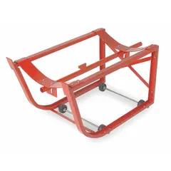 This drum cradle is designed for 55 gal drums, featuring a red body and casters for portability. With dimensions of 32 in x 19 in and a 15 in dispensing height, it facilitates safe tilting and dispensing of liquids into standard containers.