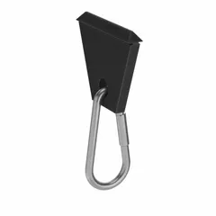 This sliding tool hanger is designed for use with Fath and 10 Series single extrusion profiles. It features a polyamide and steel construction with a zinc-plated finish and includes a snap hook for tool attachment. The slide-in mounting allows for easy repositioning along the extrusion. Suitable for organizing hand tools in industrial workstations and assembly areas.
