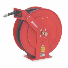 Dual-pedestal gas spring-return hose reel with 75 ft of 3/4 in I.D. hose. Features 3/4 in MNPT inlet, 250 psi max operating pressure, and nickel-plated steel construction in red. Suitable for air, water, or light oil in workshops and maintenance facilities.