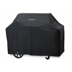 This CROWN VERITY grill cover is made of vinyl and measures 72 inches wide, 30 inches deep, and 50 inches high. It is designed to protect outdoor grills from weather, dust, and debris, helping to extend equipment life.