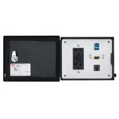 Steel panel interface with 120V duplex receptacle, 9-pin D-Sub terminal block, and RJ45 connection. Features a 5 A reset and IP66 rating. Used in industrial control enclosures for network and power access.
