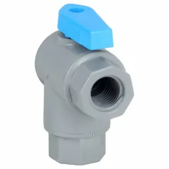 This manual two-way ball valve features a PVC body with angle-body design and full port ball port for minimal flow restriction. Connections are 1/4 inch female NPT (FNPT) on both ends. Suitable for on/off flow control in low-pressure industrial piping systems handling water, chemicals, or air.