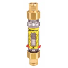 This HEDLAND flowmeter is a scale-type, variable area inline meter for water. It measures flow in gallons with +/-5% accuracy and features universal mounting orientation. Seals and O-rings are Buna-N. Suitable for industrial water systems, cooling circuits, and process lines where a simple scale reading is sufficient.