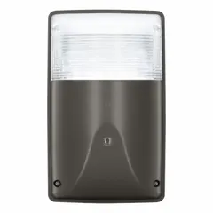 This LED full-size wall pack delivers 1,875 lumens at 15 watts with selectable 3000K/4000K/5000K color temperature and Type IV distribution. It operates on 120 to 277V AC and measures 2 3/4 inches in overall height with a Bronze finish. Suitable for outdoor area lighting such as building perimeters, loading docks, and parking lots.