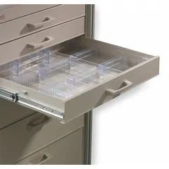 Clear drawer divider kit for medical carts, includes four perimeter rails. Overall width 1/2 in. Used to organize drawer interiors, separate supplies, and create compartments.