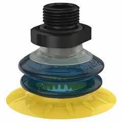 Multi-bellows vacuum pad for packaging applications such as case erecting, bag handling, and carton lifting. Plain pad without adapter. Pad diameter 50 mm, polyurethane material, blue/yellow color, durometer 30A/60A. Part of the MX series.