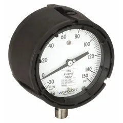 Pressure gauge with all-stainless steel wetted parts and casing, 4 1/2 in white dial, 1/2 in NPT male bottom connection, range 0 psi to 150 psi, accuracy ±0.5%. PBT case material, black pointer. Suitable for measuring pressure in industrial processes where media compatibility with stainless steel is required.
