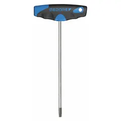 T-shaped Torx key with T30 tip size, standard end, and long alloy steel shaft with chrome finish. Handle length is 4 3/8 inches. Used for tightening or loosening Torx and Torx Plus fasteners in applications requiring reach and increased torque.