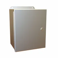 Aluminum enclosure with hinged cover and latches, measuring 10 x 8 x 6 inches. Rated NEMA 12/13/3R/4/4X for protection against dust, water, and corrosion. Includes an inner panel; no knockouts provided. Suitable for housing electrical controls and instruments in indoor and outdoor industrial environments.