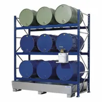 DENIOS Drum Dispensing Racks & Trucks: 96 in x 36 in x 96 in, For 9 Drums, 3 Levels, Blue (MPN K34-1117)