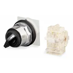 Non-illuminated selector switch from the 9001K series with a metal operator head and short-handled knob. Provides four maintained positions (On/On/On/On) with Cam E and 1NO/1NO/1NC contact configuration. Rated 3 A at 240 V AC and 0.55 A at 125 V DC. Suitable for panel-mount control applications in industrial machinery and process equipment.