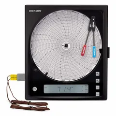 This circular chart recorder measures temperature in both °C and °F. Accuracy is ±1.8°F from -300.0 to 122.0°F (±1.0°C from -185.0 to 50°C) and ±3.8°F (±2.1°C) for the remaining range. It includes NIST-traceable calibration and a sound alarm. Typical applications include continuous temperature monitoring in cold storage, HVAC, and process control environments.