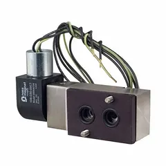 Single solenoid valve with NAMUR interface for direct mounting to pneumatic actuators. Operates on 110V AC with 4 ports and 1/4 in NPT inlet and outlet connections. Suitable for controlling double-acting actuators in automated systems.
