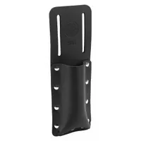 Black leather sheath with one pocket designed for carrying knives. Features an open top for quick access and a belt slot that fits belts up to 2 1/2 inches wide. Suitable for tradespeople who need a knife readily available on their belt