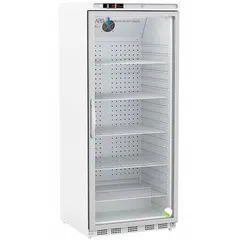 This 20 cu ft upright lab refrigerator maintains a temperature range of 1°C to 10°C for general purpose storage of temperature-sensitive materials. It features a white swing glass door that opens to the right, a temperature alarm, and uses R-600a refrigerant. Overall depth is 29 7/8 inches.