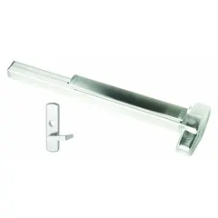 Mortise exit device with touchbar style for doors up to 4 ft wide. Chrome finish with lever outside trim. ADA compliant. Suitable for commercial egress applications requiring panic hardware.