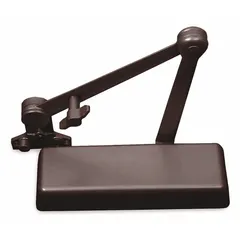 This Grade 1 heavy duty door closer features a parallel arm mount for interior or exterior doors. It has an adjustable spring size 6, bronze finish, and is ADA compliant. Suitable for controlling door closing speed and force in commercial and institutional settings.
