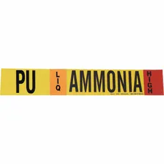 Ammonia adhesive pipe marker for liquid (LIQ) service at high pressure, fitting pipe outside diameters of 8 inches and larger. Supplied as a single marker without directional arrows, it is used for identifying ammonia piping in industrial refrigeration systems in accordance with IIAR standards.
