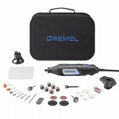 Handheld corded rotary tool with variable speed control and a maximum speed of 35,000 RPM. Features a 1/8 in collet size for use with a variety of accessories. Suitable for cutting, grinding, sanding, polishing, and engraving tasks in metalworking, woodworking, and general maintenance.