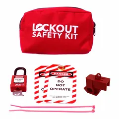 Portable lockout kit for isolating laboratory ball valves. Includes one red keyed different padlock, one laboratory gas/liquid lockout device, two lockout tags, and two cable ties. Stored in a canvas pouch measuring 2 in D x 7 in W x 5.5 in H. Suitable for lockout/tagout procedures during maintenance or repair of laboratory valves.