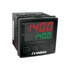 The OMEGA CN7833 is a 1/16 DIN ramp/soak controller with digital display, accepting RTD sensor input. It operates on 100 to 240V AC and provides a 5A SPDT relay output at 250V AC resistive. Includes one relay alarm. Suitable for temperature profiling in industrial processes such as heat treating, furnaces, and environmental chambers.