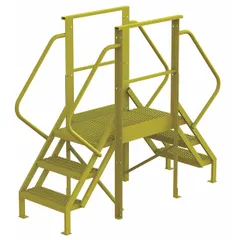 Steel crossover bridge with serrated treads, rated for 1000 lb. Features 3 steps and a yellow finish. Used for safe elevated crossing over machinery, conveyors, or other obstacles in industrial plants and warehouses.
