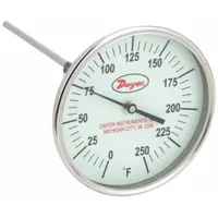 DWYER Glow-in-the-Dark Dial Thermometer: 0°F to 250°F, +/- 1% Accuracy, 5 in Dial Dia, Male (MPN GBTA52551)