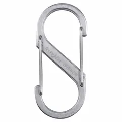 This load-rated S-hook double snap hook features a wire gate opening and is constructed from stainless steel. It is designed for securing and organizing gear, tools, or equipment in industrial, outdoor, and maintenance applications. With a 25 lb working load limit, it provides reliable attachment for light-duty tasks.