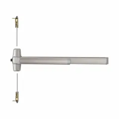 This concealed vertical rod exit device features a touchbar push pad and lever outside trim in gray finish. It latches at the top and bottom of the door, providing secure egress while keeping hardware hidden when closed. Suitable for commercial doors requiring a clean, unobtrusive appearance. Not ADA compliant or ligature-resistant.