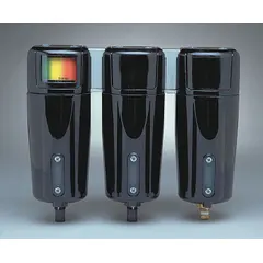 Three-stage coalescing air filter assembly with 1 1/2 in NPT connections, 0.01 micron filtration rating, 223 cfm flow capacity, and automatic drain. Suitable for removing contaminants from compressed air systems in industrial applications requiring high-purity air.