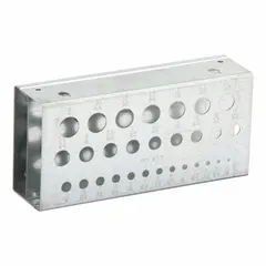 Steel stand with 29 compartments for organizing fractional drill bits from 1/16 in to 1/2 in by 64ths. Suitable for bench or wall mounting in machine shops, toolrooms, and maintenance facilities to keep bits sorted and accessible.