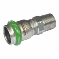 This APOLLO SmartPress crimp adapter fitting features a press-fit x MNPT connection with an EPDM seal. It is used to transition from press-fit stainless steel tubing to male NPT threaded connections in potable water plumbing systems. Suitable for industrial and commercial water supply lines
