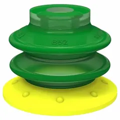 Multi-bellows vacuum pad assembly with G3/8 connection. Pad diameter 53.01 mm, height 55.12 mm. Made of yellow polyurethane, 30A durometer. Used in packaging industry for handling boxes, bags, and lightweight materials on automated lines.